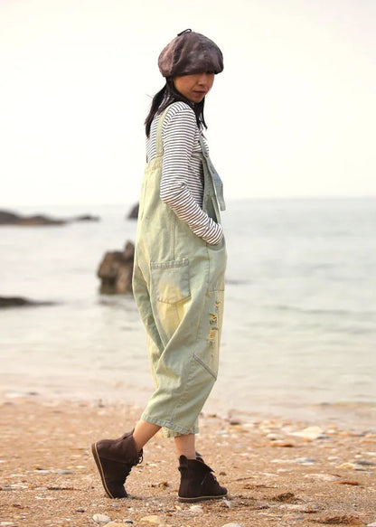 Light Blue Patchwork Cotton Loose Jumpsuit Ripped Spring