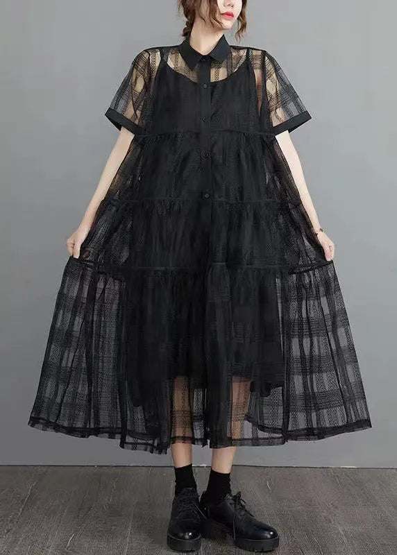 French Black Button Tulle Two Piece Set Short Sleeve