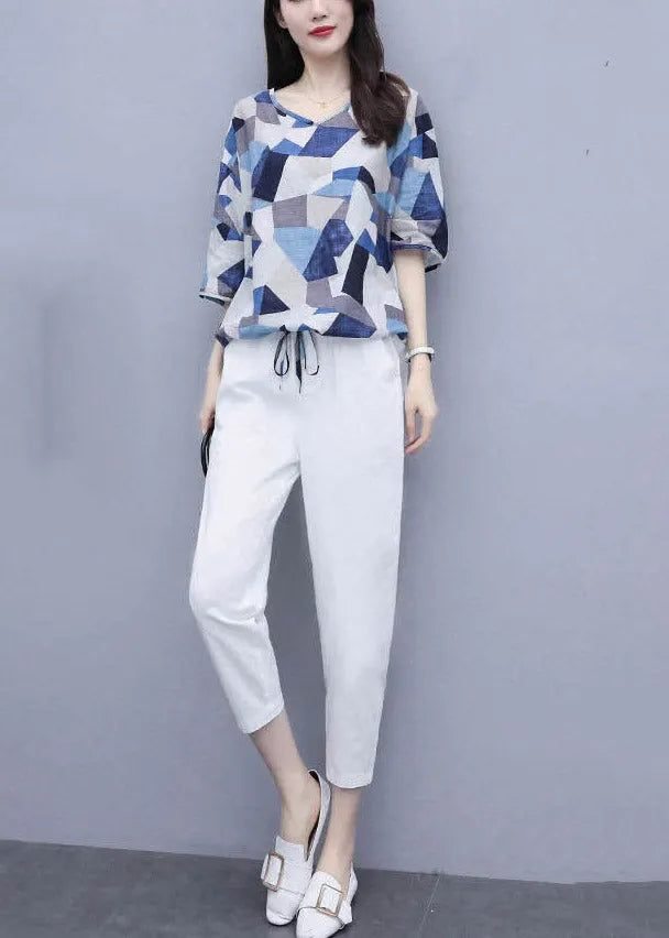 Vogue Blue Print Tops and Crop Pants Summer