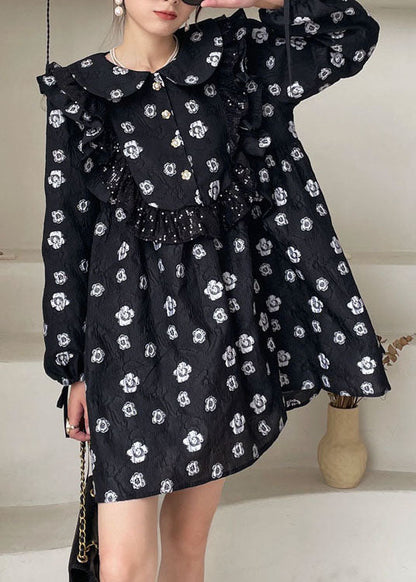 Black Print Ruffled Mini Dress Spring