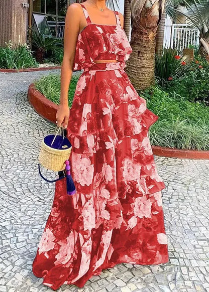 New Photo Color Print Tank and Skirts Two Pieces Set Sleeveless Summer