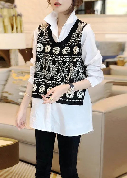 Black Knit Vest and White Shirts Two Pieces Set Fall