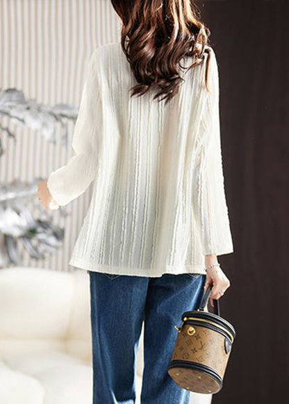 Beige V Neck Wrinkled Pockets Cotton T Shirt Long Sleeve
