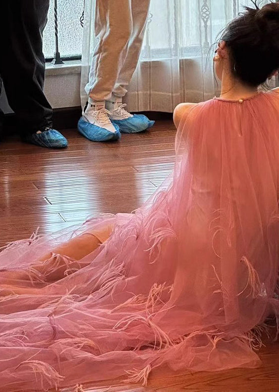 Style Pink Tasseled Patchwork Tulle Robe Dresses Sleeveless
