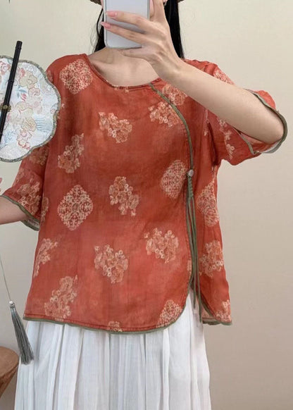 Red O Neck Embroidered Linen Blouse Tops Summer