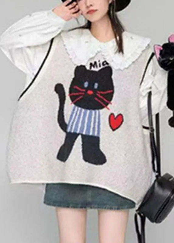 Loose Light Grey O-neck Animal Cozy Cotton Knit Waistcoat Fall