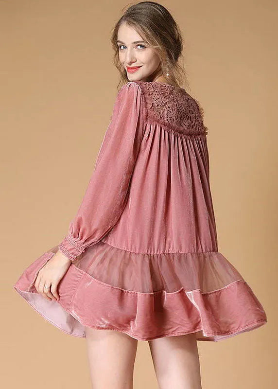 Organic Pink O Neck Patchwork Velour Dress Spring