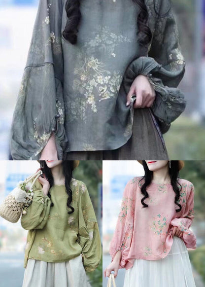 Pink Print Linen Blouse Tops Lantern Sleeve