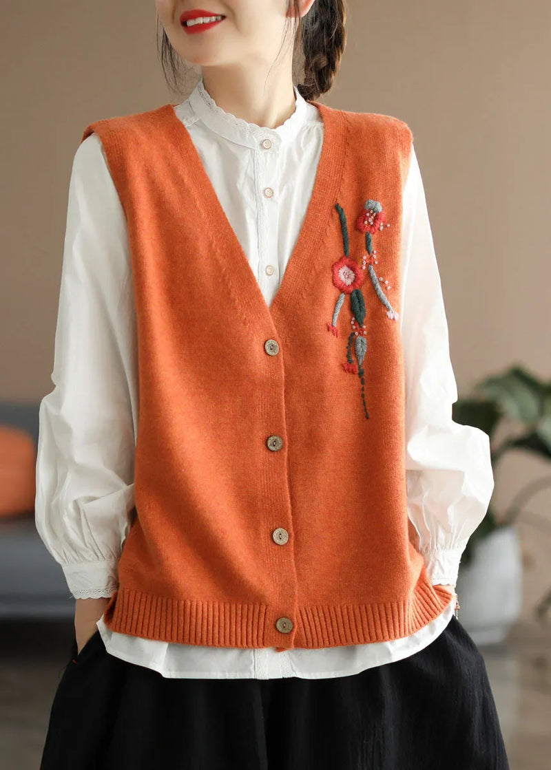 Orange V Neck Embroideried Knit Vest Spring