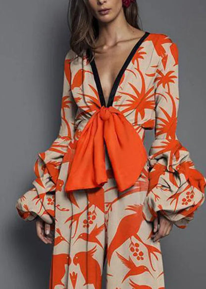 Red V Neck Print Patchwork Jumpsuits Long Sleeve Spring