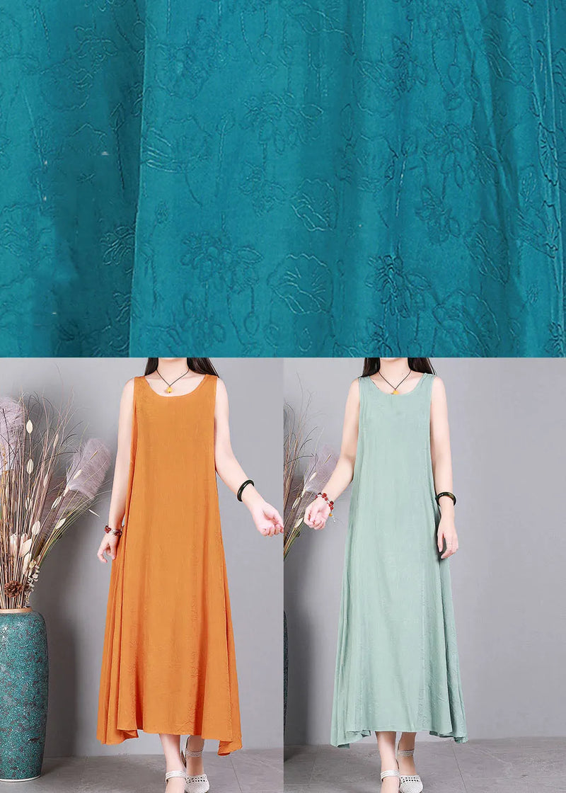 Light Green Jacquard Linen Vacation Strap Dress O-neck Sleeveless