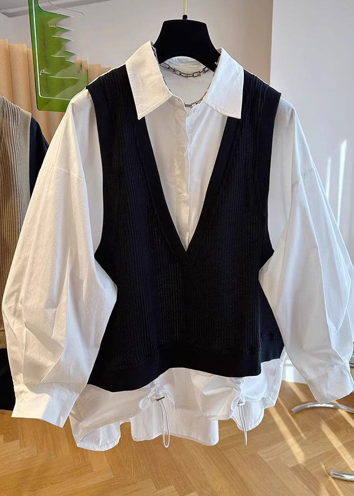 Khaki Peter Pan Collar Patchwork Button Fake Two Pieces Shirts Fall
