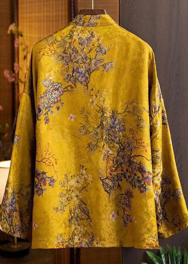 Yellow Stand Collar Oriental Button Patchwork Tassel Jacquard Silk Shirt Top Long Sleeve