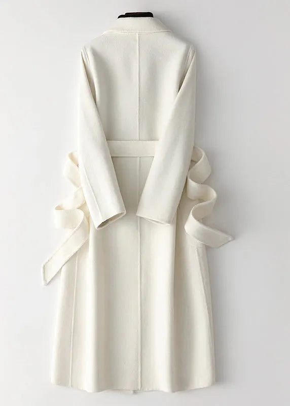 White Notched Tie Waist Woolen Long Coats Fall