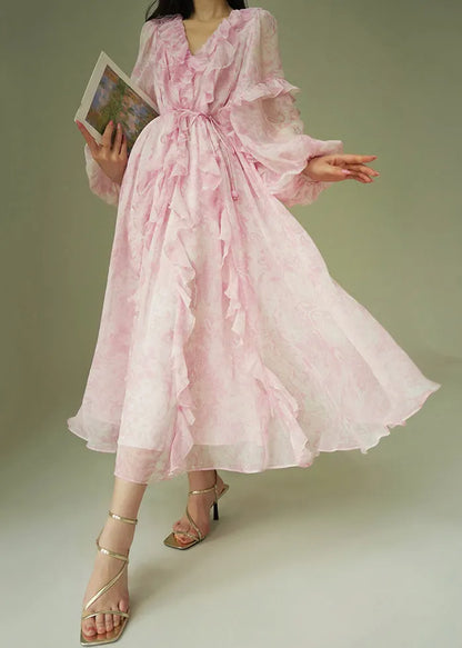Italian Pink Ruffled Print Lace Up Chiffon Long Dress Fall
