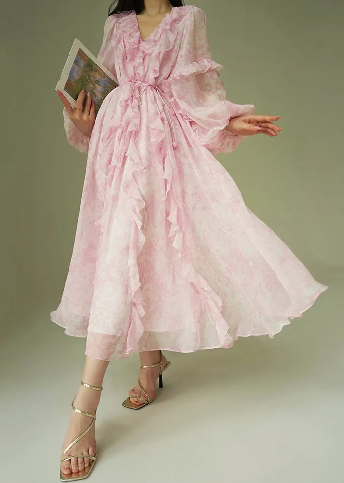 Italian Pink Ruffled Print Lace Up Chiffon Long Dress Fall