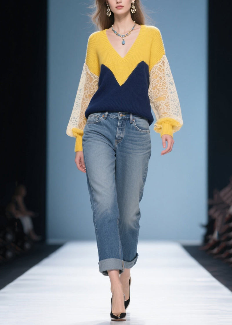 Colorblock V Neck Patchwork Lace Knit Pullover Winter