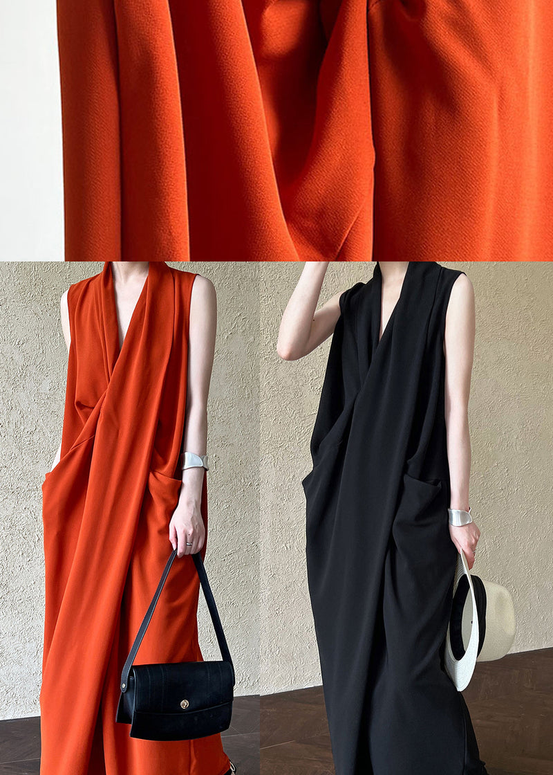 Italian Orange V Neck Pockets Cotton Long Dress Sleeveless