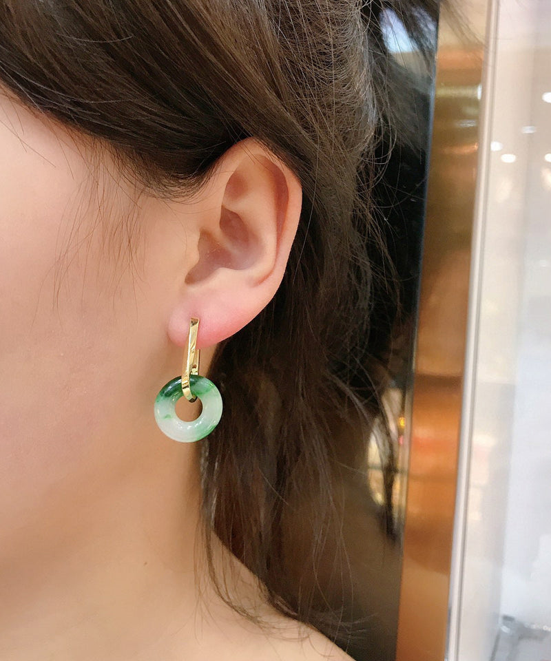 Green Sterling Silver Overgild Jade Hoop Earrings