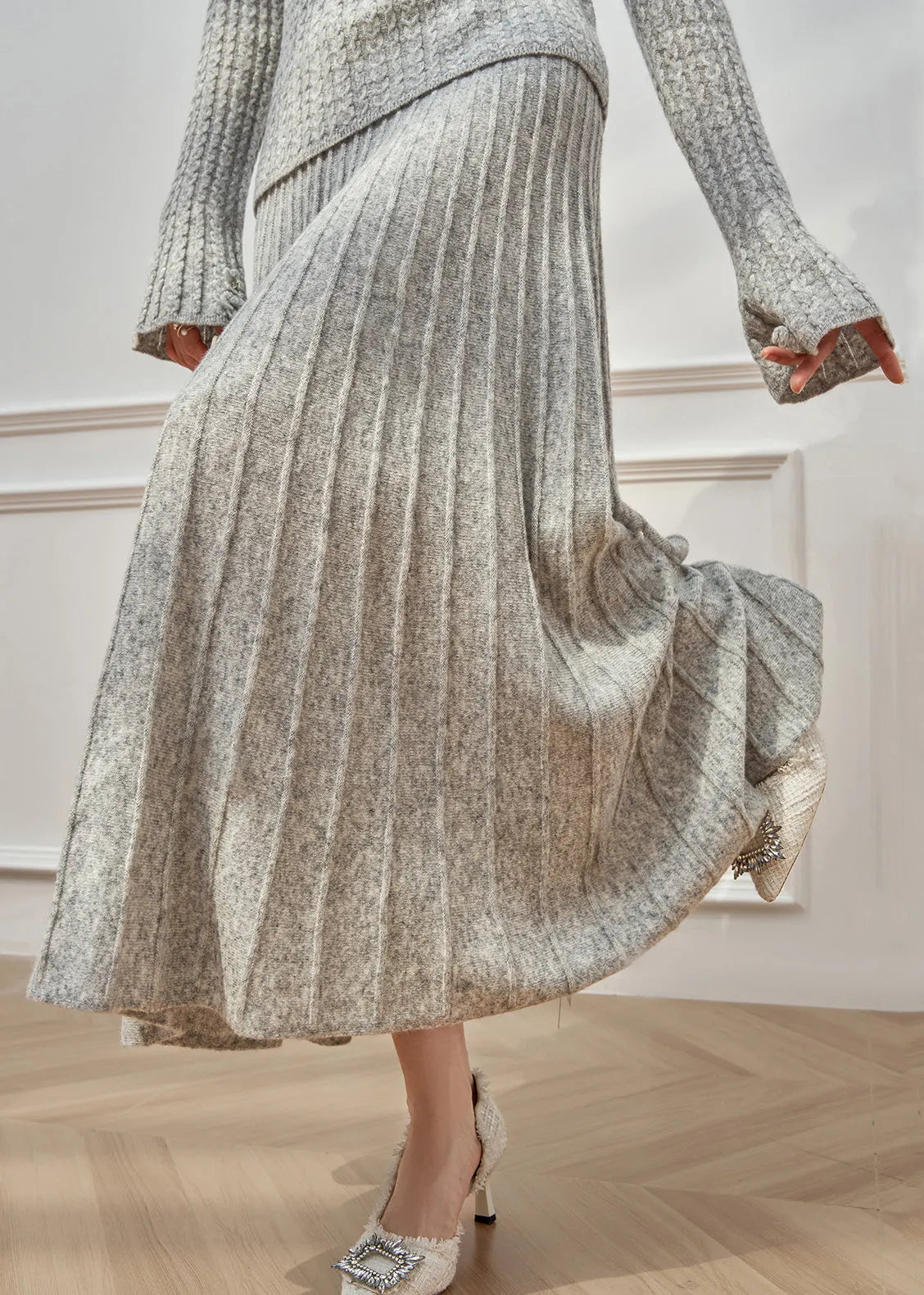 Grey O Neck Sweaters and Maxi Skirts Cable Knit Two Pieces Set Flare Sleeve