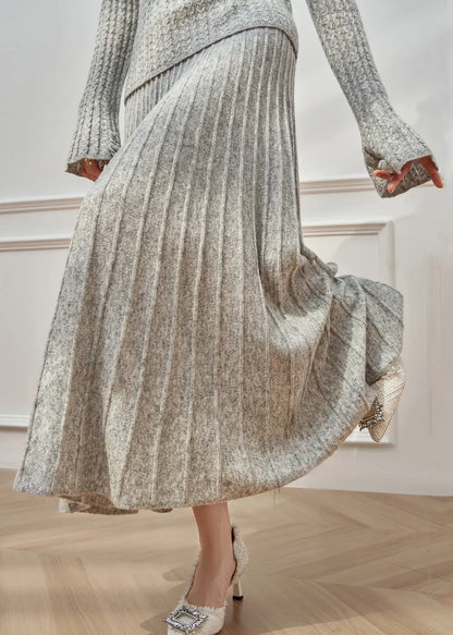 Grey O Neck Sweaters and Maxi Skirts Cable Knit Two Pieces Set Flare Sleeve