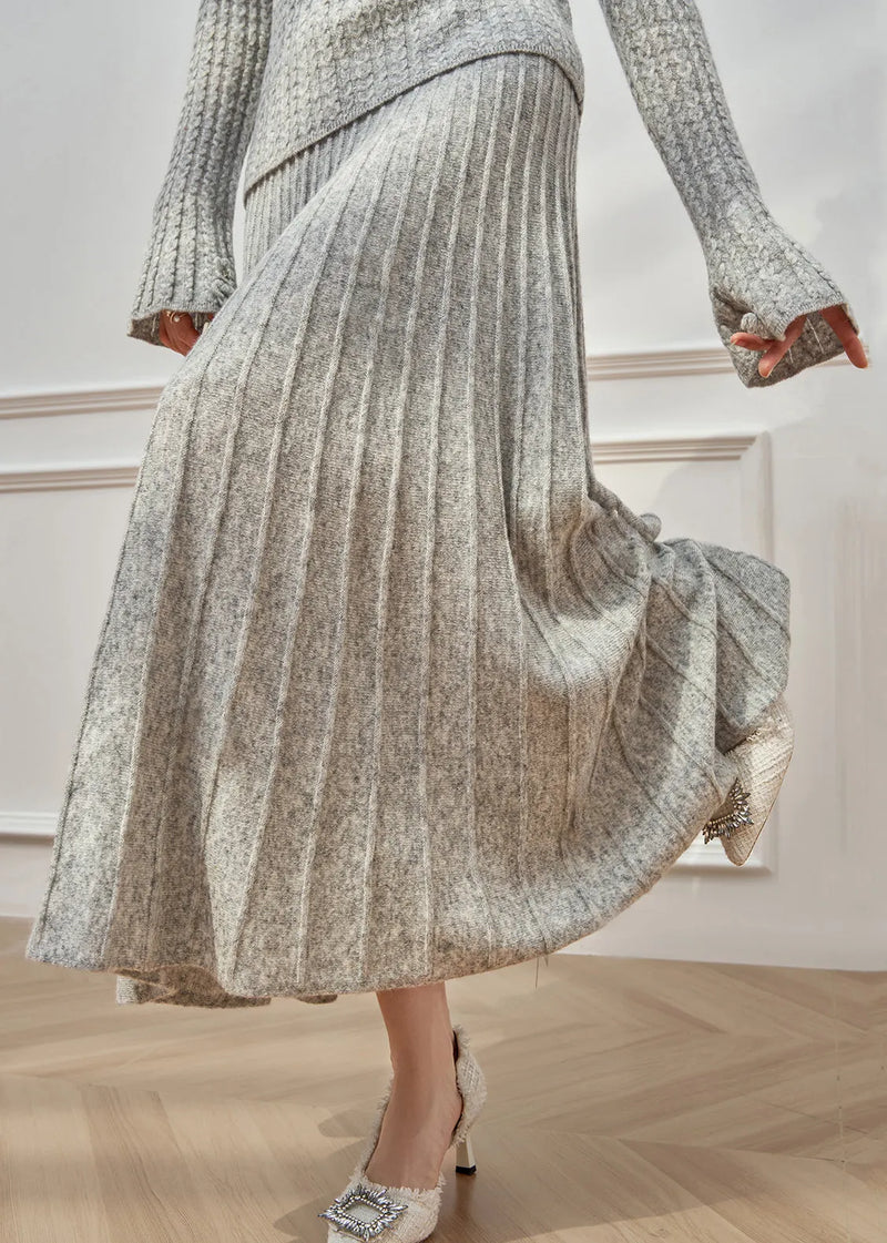 Grey O Neck Sweaters and Maxi Skirts Cable Knit Two Pieces Set Flare Sleeve