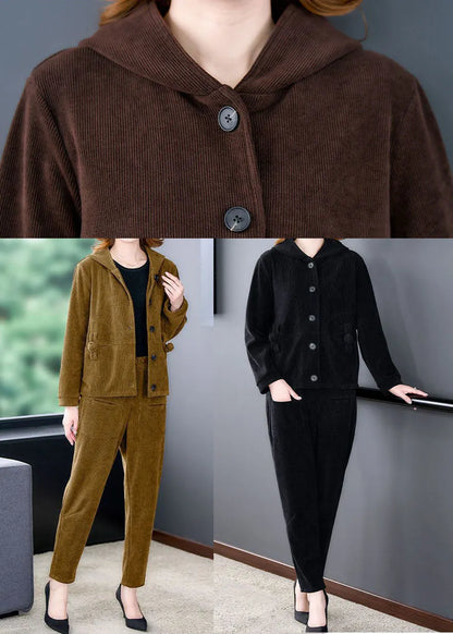 Boutique Yellow Hooded Pockets Corduroy Coats and Pants Two Pieces Set Long Sleeve