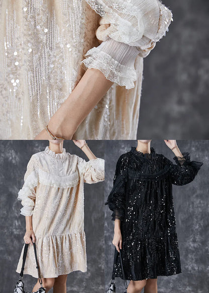 Black Sequins Patchwork Velour Mid Dresses Spring