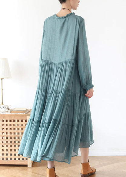 Blue O-neck Ruffled Wrinkled Vacation Dress Lantern Sleeve