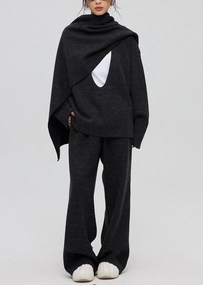 Dark Gray U Neck Cashmere Three Piece Set Winte
