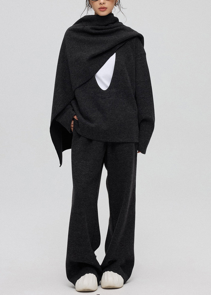 Dark Gray U Neck Cashmere Three Piece Set Winte