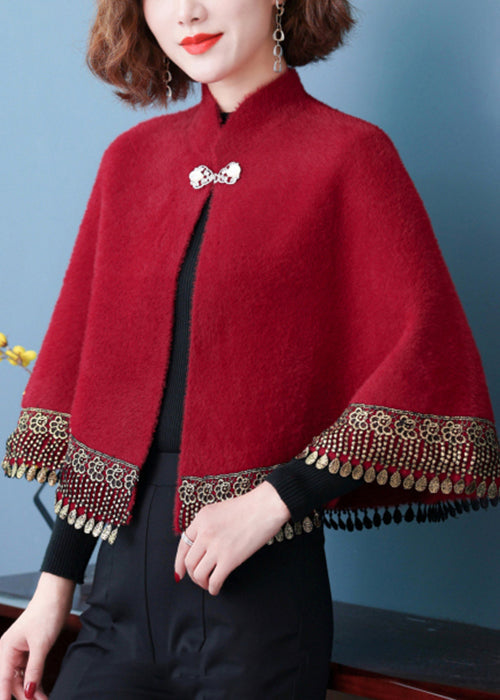 Wine Red Stand Collar Tasseled Button Patchwork Mink Velvet Coats Fall