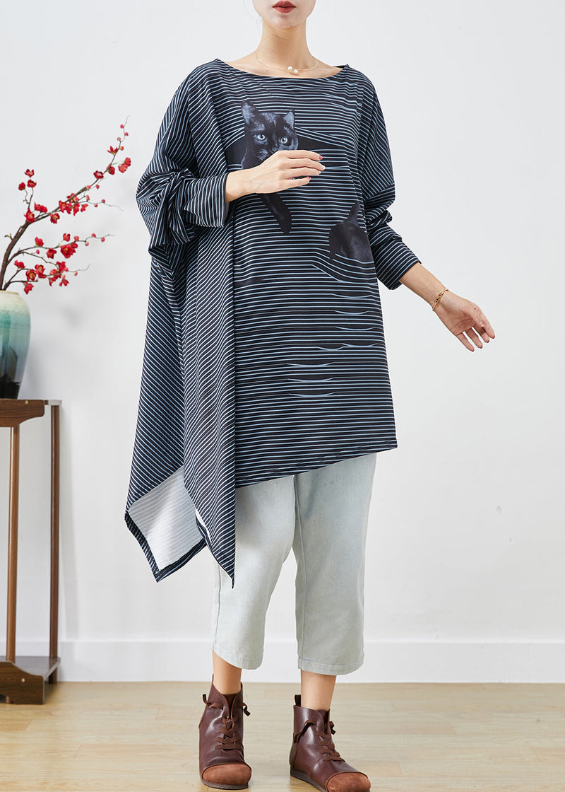Black Asymmetrical Striped Cotton Blouses Fall