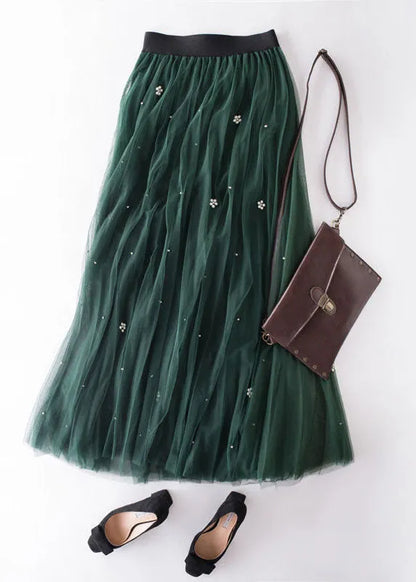 Grey Nail Bead Patchwork Tulle Skirt Wrinkled Spring