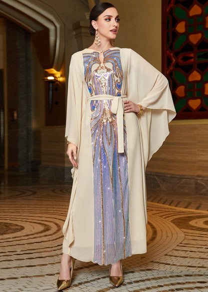 Fitted Beige O-neck Print Patchwork Tie Waist Chiffon Maxi Dress Fall