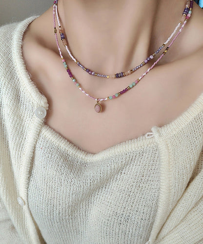 Style Light Purple Stainless Steel Zircon Agate Beading Pendant Necklace