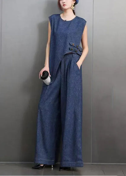 Blue O-neck Navy Asymmetrical Denim Top and Wide Leg Pants Two Pieces Set Summer