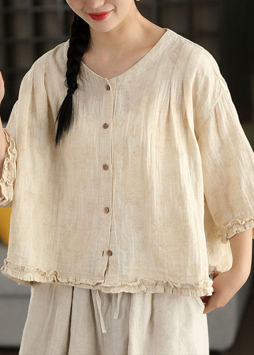 Green Ruffled Jacquard Linen Blouses Bracelet Sleeve