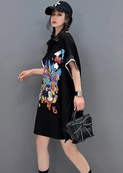Black Peter Pan Collar Print Mid Dresses Short Sleeve