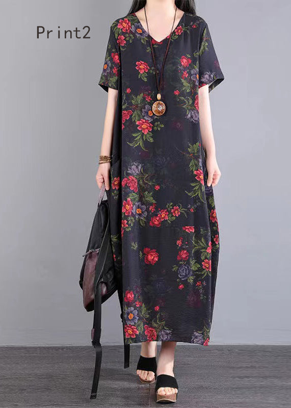 V Neck Print Patchwork Cotton Long Dresses Summer
