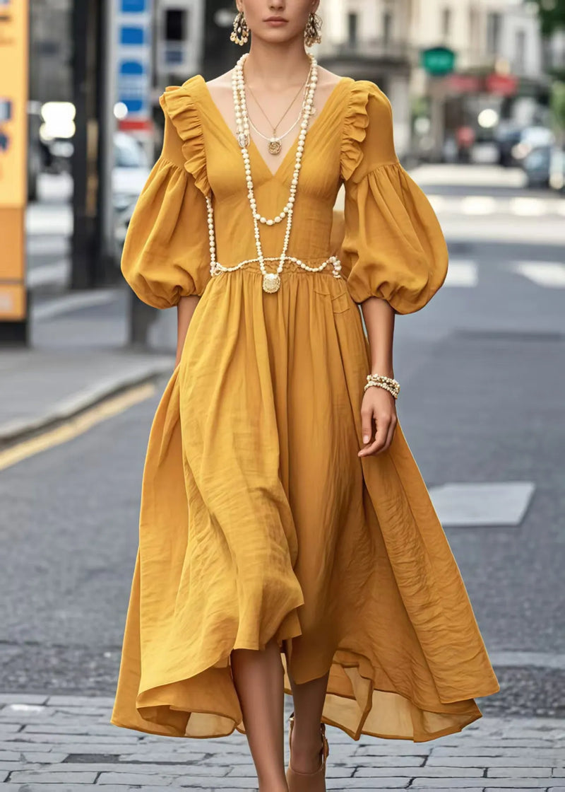 Italian Yellow Ruffled Silm Fit Cotton Party Dress Lantern Sleeve