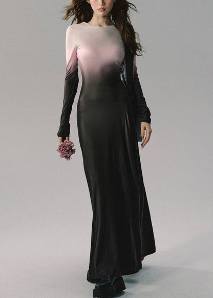 Slim Fit Gradient Color O-neck Backless Hollow Out Maxi Dresses Fall