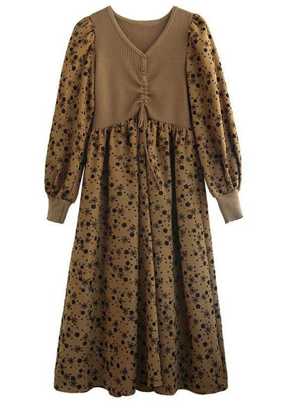 Style Khaki Knit Patchwork Drawstring Print Fall Maxi Dresses Long Sleeve