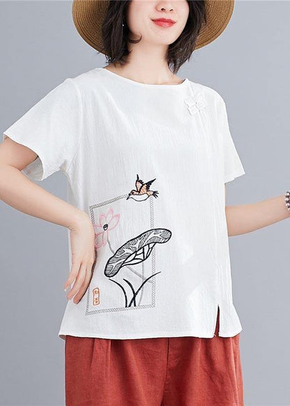 Fitted White Embroideried Lotus Blouse Tops Summer Cotton Linen