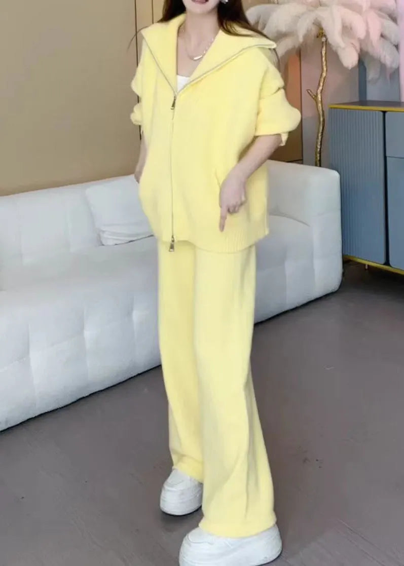 Yellow Zippered Cotton Knit Coats and Wide Leg Pants Two Pieces Set Winter