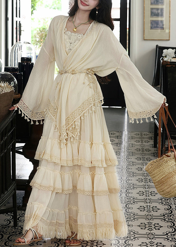 Art Beige V Neck Lace Patchwork Tassel Cardigans Maxi Skirts and Two Piece Set Spring