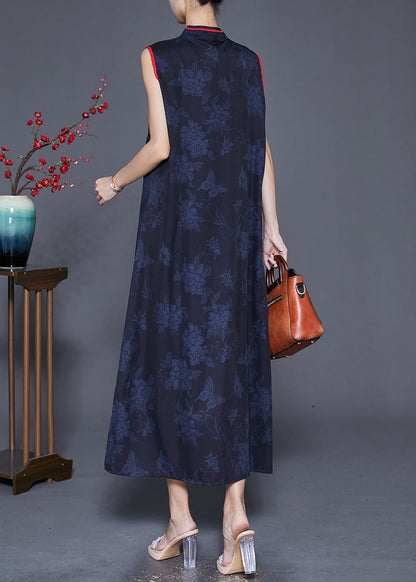 Black Print Chinese Button Silk Long Dress Sleeveless