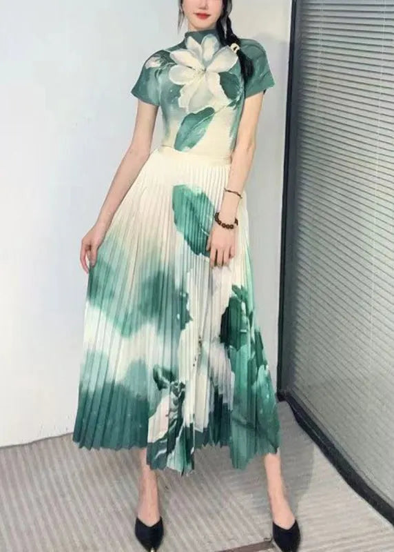 Italian Green Turtleneck Print Top and Skirts Two Piece Set Short Sleeve