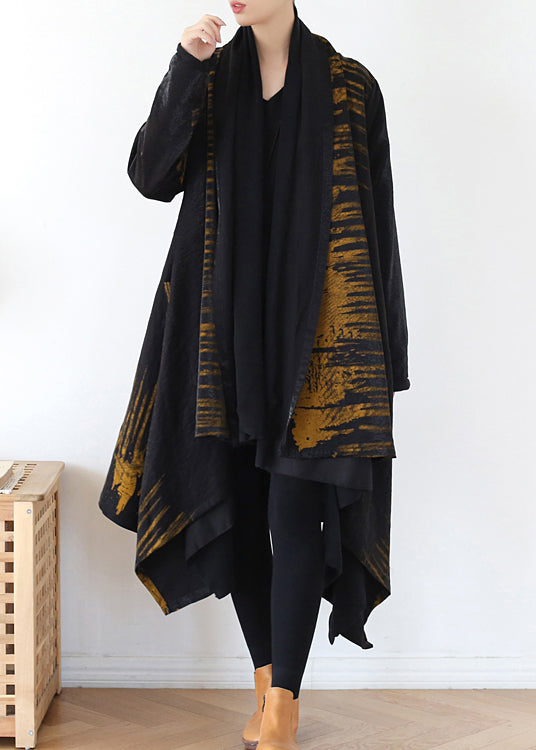 Style Yellow Asymmetrical Print Trench Coats Long Sleeve