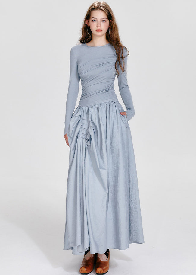 French Black O-neck Asymmetrical Wrinkled Maxi Dresses Spring